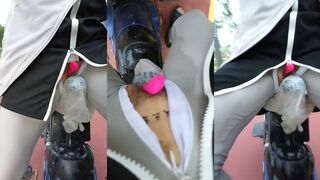骑车夹跳蛋，喷的腿上全是水
